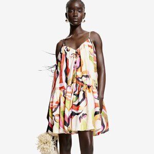 H&M A-line Abstract Mini Dress Sleeveless Strappy Cream Loose V-neck Patterned